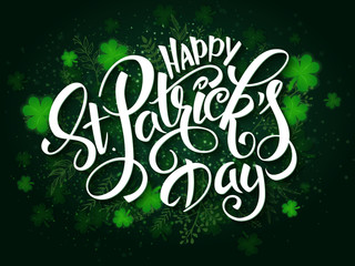 vector hand lettering saint patricks day greetings card with clover shapes and branches