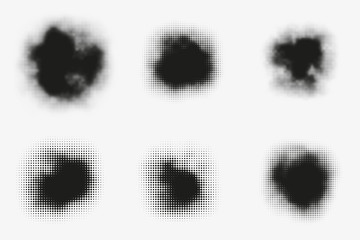 Set of abstract vector halftone stains. Black blots made of round particles. Modern illustration with dark, murky spots. Splattered array of dots. Gradation of tone. Elements of design.