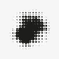 Abstract vector halftone stain. Black blot made of round particles. Modern illustration with dark, murky spot. Splattered array of dots. Gradation of tone. Element of design.