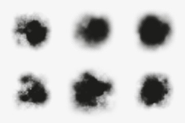 Set of abstract vector halftone stains. Black blots made of round particles. Modern illustration with dark, murky spots. Splattered array of dots. Gradation of tone. Elements of design.