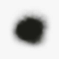 Abstract vector halftone stain. Black blot made of round particles. Modern illustration with dark, murky spot. Splattered array of dots. Gradation of tone. Element of design. - 136265709