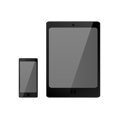 black tablet and smartphone vector mockup, phone template with black screen over white, vector illustration