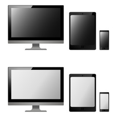 black and white vector illustration modern monitor, computer, laptop, phone, tablet on a white background