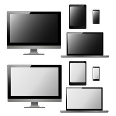 black and white vector illustration modern monitor, computer, laptop, phone, tablet on a white background