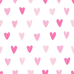 Pink heart seamless pattern. Vector hand drawn illustration