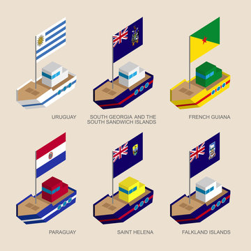 Set of isometric 3d ships with flags of South America countries. Vessels with standards - Uruguay, Paraguay, South Georgia, French Guiana, Saint Helena, Falkland. Sea transport icons for infographics.