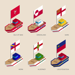 Set of isometric 3d ships with flags of countries and islands. Cartoon vessels with standards - Greenland, Liechtenstein, Isle of Man, Herm, Sark, Alderney. Sea transport icons for infographics.