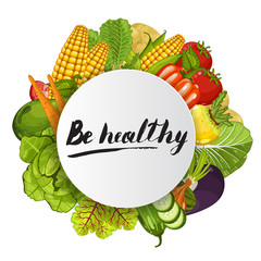 Be healthy round concept vector illustration. Fresh natural vegetable, vegetarian nutrition, organic farming, vegan diet, eco product. Healthy food promo with corn, pumpkin, cabbage, peppers, potatoes