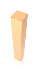 Brown corrugated cardboard box from top side closeup angle. Blank, vertical, tall, long and rectangle shape.