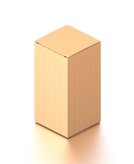 Brown corrugated cardboard box from isometric angle. Blank, vertical, and rectangle shape.