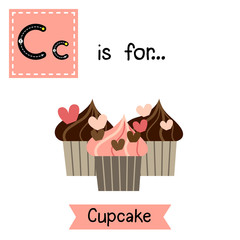 Cute children ABC alphabet C letter tracing flashcard of Cupcake for kids learning English vocabulary in Valentines Day theme.