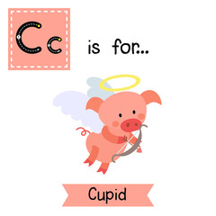 Cute children ABC alphabet C letter tracing flashcard of Cupid for kids learning English vocabulary in Valentines Day theme.