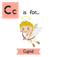 Cute children ABC alphabet C letter tracing flashcard of Cupid for kids learning English vocabulary in Valentines Day theme.