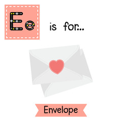 Cute children ABC alphabet E letter tracing flashcard of Envelope for kids learning English vocabulary in Valentines Day theme.