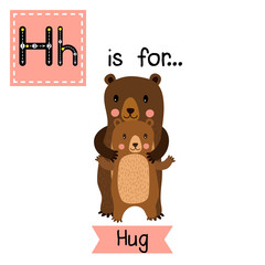 Cute children ABC alphabet H letter tracing flashcard of Hug for kids learning English vocabulary in Valentines Day theme.