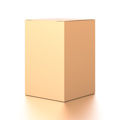 Brown corrugated cardboard box from side angle. Blank, vertical, and rectangle shape.