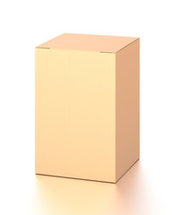 Brown corrugated cardboard box from top front far side angle. Blank, vertical, and rectangle shape.