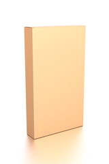 Brown corrugated cardboard box from top side angle. Blank, vertical, and rectangle shape.