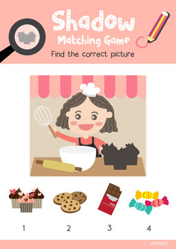 Shadow matching game by finding the correct picture of cupcake for preschool kids activity worksheet in Valentines Day theme colorful printable version layout in A4.