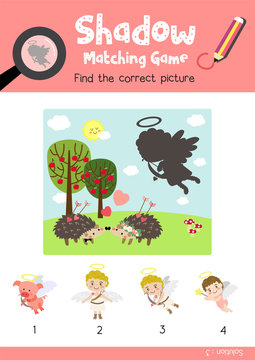 Shadow matching game by finding the correct picture of cupid for preschool kids activity worksheet in Valentines Day theme colorful printable version layout in A4.