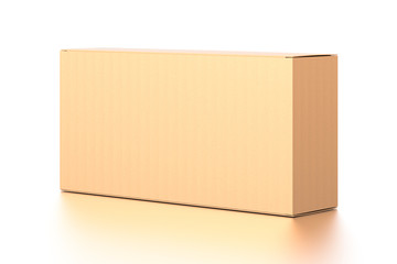 Brown corrugated cardboard box from side angle. Blank, horizontal, and rectangle shape.