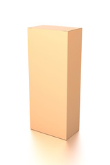 Brown corrugated cardboard box from top side angle. Blank, vertical, tall, and rectangle shape.