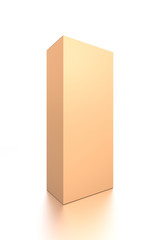 Brown corrugated cardboard box from side closeup angle. Blank, vertical, tall, and rectangle shape.