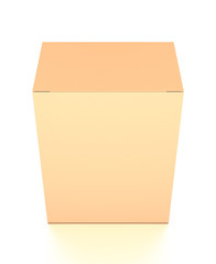 Brown corrugated cardboard box from top front closeup angle. Blank, vertical, and rectangle shape.