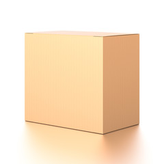 Brown corrugated cardboard box from side angle. Blank, horizontal, and rectangle shape.