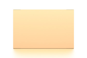 Brown corrugated cardboard box from front angle. Blank, horizontal, and rectangle shape.