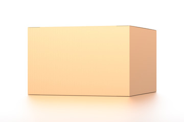 Brown corrugated cardboard box from front far side angle. Blank, horizontal, and rectangle shape.