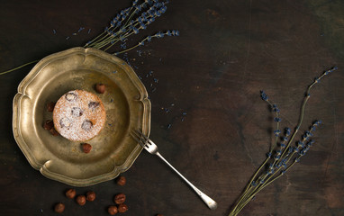 Fresh charlotte cake on wooden background. Top view