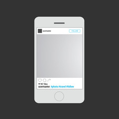 Social network photo frame on the smartphone screen. Vector illu