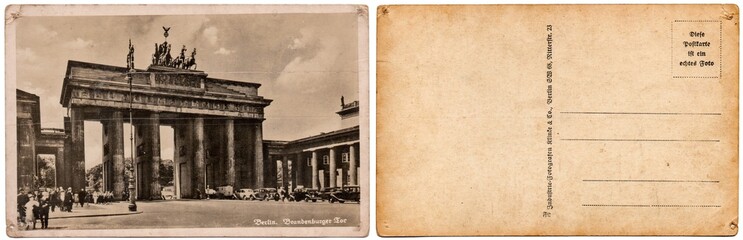 Vintage postcard with a picture of the old architecture, the Brandenburg Gate in Berlin, Germany,...
