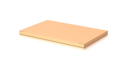 Brown corrugated cardboard box from top side angle. Blank, horizontal, thin, and rectangle shape.
