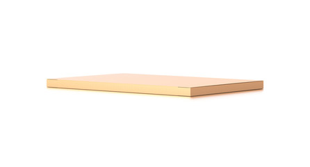 Brown corrugated cardboard box from side angle. Blank, horizontal, thin, and rectangle shape.