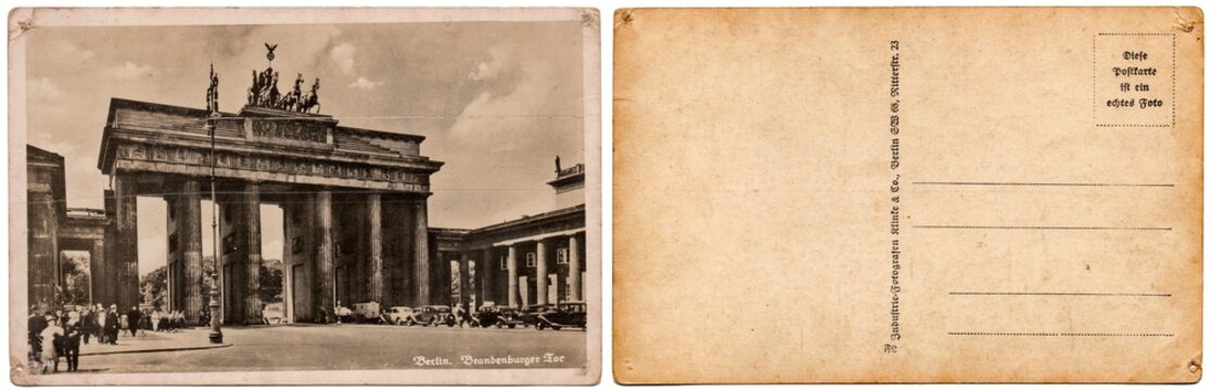Vintage postcard with a picture of the old architecture, the Brandenburg Gate in Berlin, Germany, in 1935. Isolated on a white background. The front and back side.