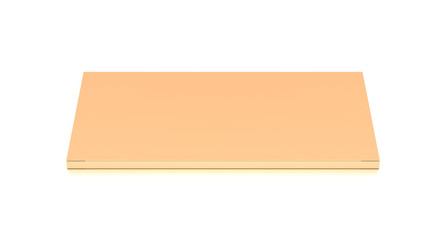 Brown corrugated cardboard box from top front closeup angle. Blank, horizontal, thin, and rectangle shape.