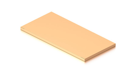 Brown corrugated cardboard box from isometric angle. Blank, horizontal, thin, and rectangle shape.