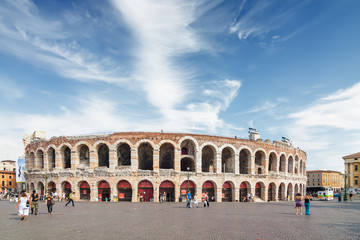 Sunny view of Teatro Romano, ancient amphitheatre at historical center of Verona, Veneto region,...