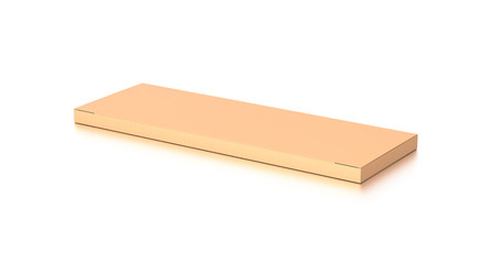Brown corrugated cardboard box from top side angle. Blank, horizontal, thin, long and rectangle shape.