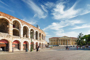 Sunny view of Teatro Romano, ancient amphitheatre at historical center of Verona, Veneto region, Italy. - obrazy, fototapety, plakaty