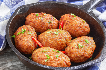 juicy delicious meat cutlets in iron frying pan