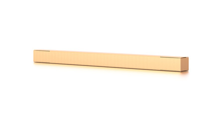 Brown corrugated cardboard box from side angle. Blank, horizontal, thin, long and rectangle shape.