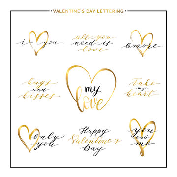 Happy Valentines Day phrases and quotes - take my heart, i love you, amore, only you, handwritten vector gold love lettering for greeting card, poster, invitation, wedding, save the date, poster