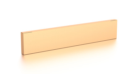 Brown corrugated cardboard box from top side angle. Blank, horizontal, thin, long and rectangle shape.