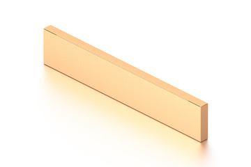 Brown corrugated cardboard box from isometric angle. Blank, horizontal, thin, long and rectangle shape.