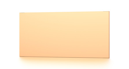 Brown corrugated cardboard box from front far side angle. Blank, horizontal, thin, and rectangle shape.