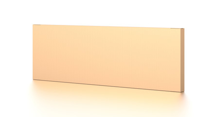 Brown corrugated cardboard box from side angle. Blank, horizontal, thin, long and rectangle shape.