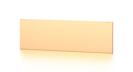 Brown corrugated cardboard box from top front far side angle. Blank, horizontal, thin, long and rectangle shape.